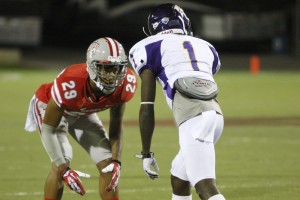 Before the snap, UNLV defensive back Tajh Hasson lines up against wide receiver Fredson Salomon in the third quarter.
