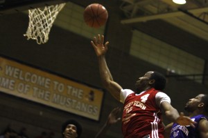 UNLV senior Kevin Olekaibe converts a baseline layup during the first week of action at the Desert Reign ProCity League over the summer.