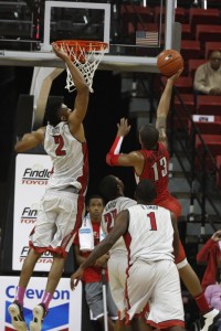 UNLV junior Khem Birch jumps to block the shot of UNLV junior Bryce Dejean-Jones during the first half of the scrimmage.