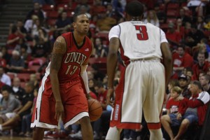 UNLV junior Bryce Dejean Jones lines up against UNLV senior Kevin Olekaibe during the second half of the scrimmage.