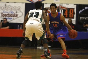 Bishop Gorman senior guard Noah Robotham dribbles against the defense against Sheldon during day 2 of the Tarkanian Classic.