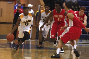 Clark junior guard Colby Jackson leads the break against Mater Dei during day 2 of the Tarkanian Classic.