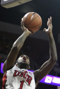 UNLV forward Roscoe Smith goes up for a layup in the first half of UNLV's MWC quarterfinal game against Wyoming.