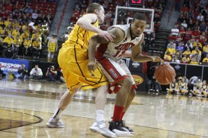 UNLV forward Bryce Dejean-Jones dribbles into the lane in the second half of UNLV's MWC quarterfinal game against Wyoming. He led the Rebels with 22 points.