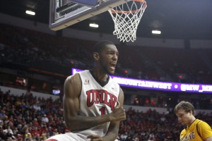UNLV forward Roscoe Smith celebrates a basket in the second half of UNLV's MWC quarterfinal game against Wyoming.