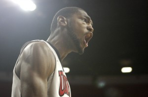 UNLV forward Roscoe Smith celebrates two of his 18 points in the second half of UNLV's MWC quarterfinal game against Wyoming.