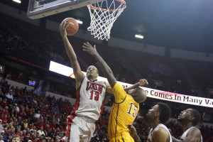 UNLV guard Bryce Dejean-Jones lays it up late in the second half of UNLV's MWC quarterfinal game against Wyoming.