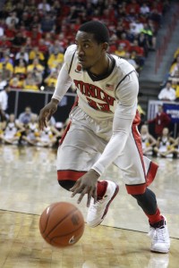 UNLV guard Deville Smith drives to the basket in the second half of UNLV's MWC quarterfinal game against Wyoming. He finished with 15 points.