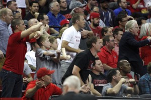 Runnin' Rebel fans want a traveling call on the Aztecs in the first half of UNLV's MWC semifinal game against San Diego St.