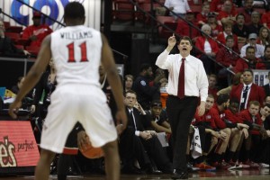 UNLV head coach Dave Rice signals in a play in the first half of UNLV's MWC semifinal game against San Diego St.