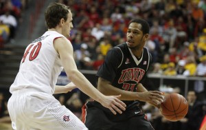 UNLV guard Jelan Kendrick thinks about his options in the second half of UNLV's MWC semifinal game against San Diego St.