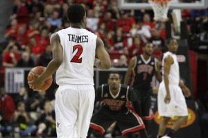 SDSU guard Xavier Thames brings the ball up in the second half of San Diego St.'s MWC semifinal game against UNLV.